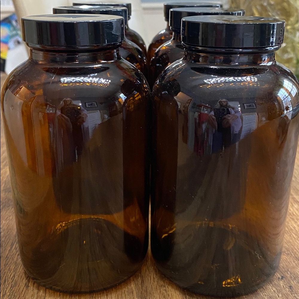 Set of 6 - 20 oz Amber Glass Jars with Black Lids. Recycled - Picture 2 of 4